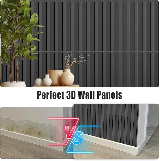 20 Pack 3D PVC Fluted Slat Wall Panels 12x12 Inch Covers 20 Sq.Ft Black