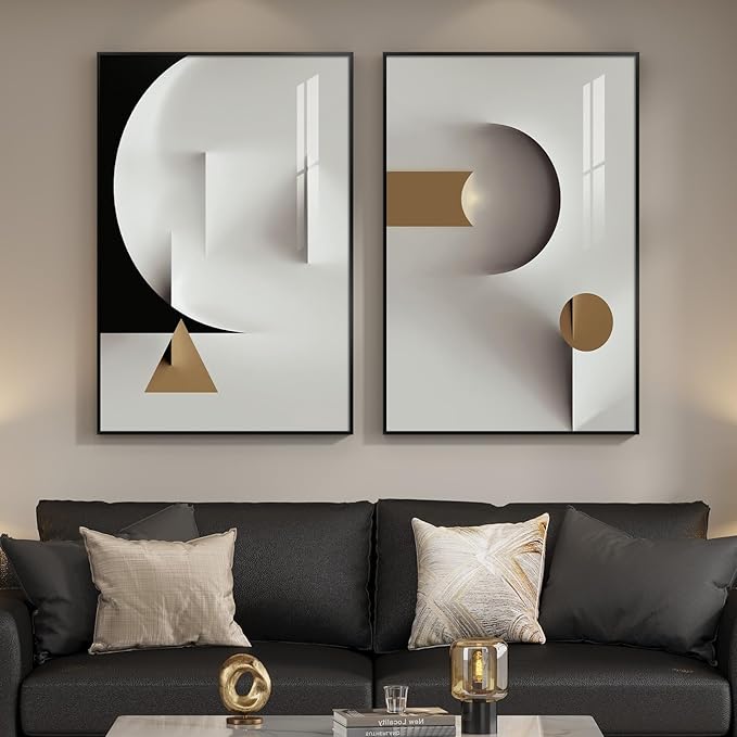 Large Framed Modern Elegant Abstract Wall Art, 2 Piece Black White Gold