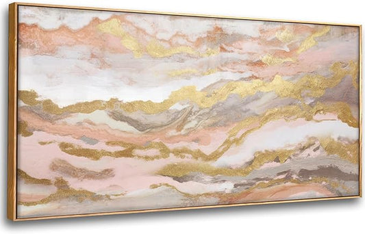 Abstract Pink Canvas Wall Art Framed Gold Abstract Line Artwork