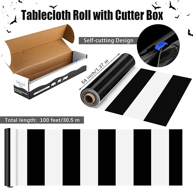 Kochorie 100 Ft x 54 Inch Black & White Striped Tablecloth Roll