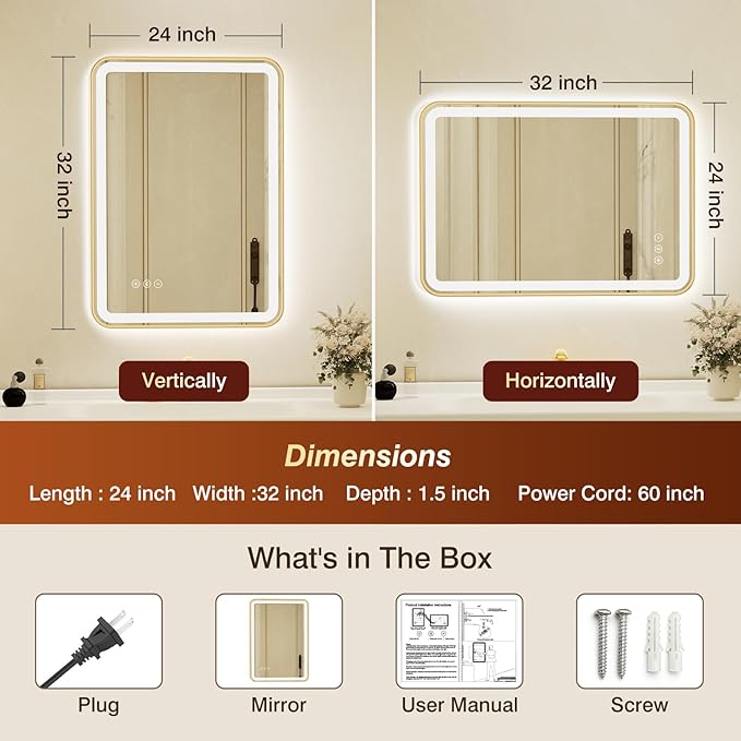 24x32 Inch Gold Framed LED Bathroom Mirror