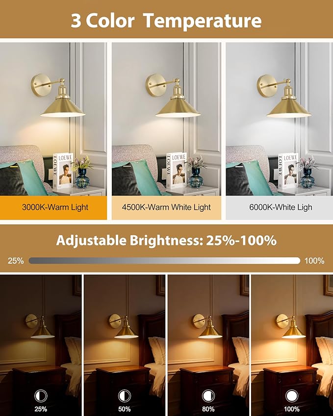 Bailoch Gold Vintage Wireless Battery Operated Wall Sconces, Rechargeable