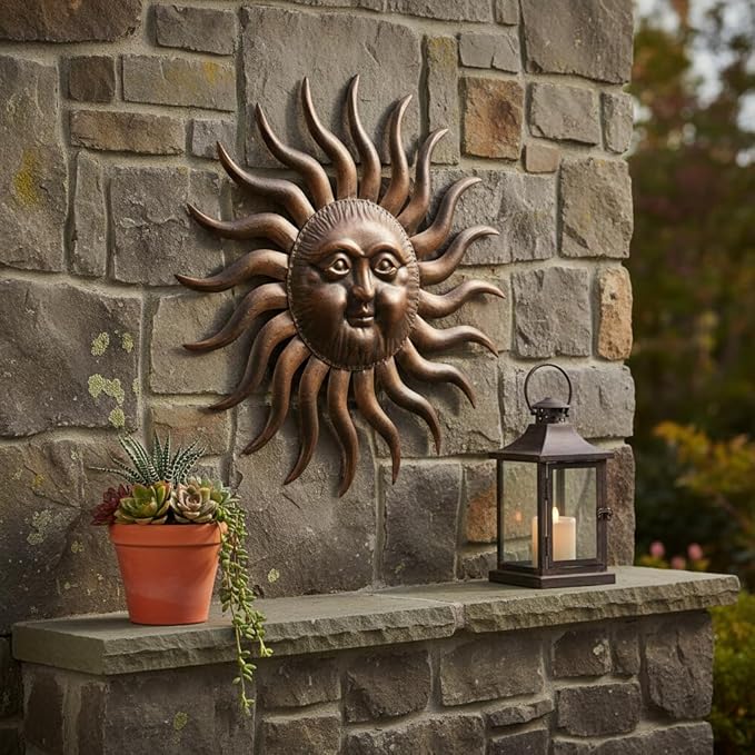 Comfy Hour 31" Sun Wall Decor, Large Metal Sun Wall Art for Outdoor Patio and Indoor Living Room, 3D Decorative Sunface Sculpture for Fence House and Yard, Artisan Crafted Iron Accent, Bronze Finish
