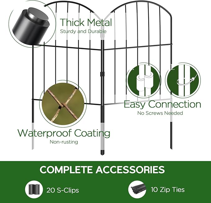 Goovilla Garden Fence, Total 10ft(L) x 24in(H) Garden Fencing Animal Barrier, 10 Pcs Rustproof Metal Fence Panels, Black No Dig Fence, Decorative Garden Fences and Borders for Dogs, Flower Bed, Patio