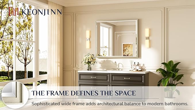 Keonjinn 42" x 36" Brushed Nickel Bathroom Vanity Mirror, Large Silver Bathroom
