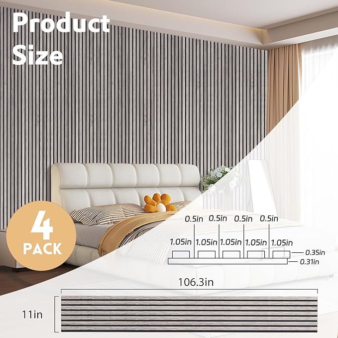 4 Pack Wood Panels for Wall, 106.3" × 11" Wood Slat Acoustic Panels for Wall