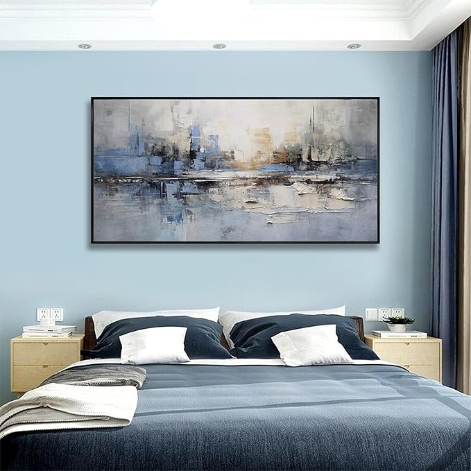 Abstract wall Art Framed Artwork Blue and Gray White Decor Modern Canvas Wall