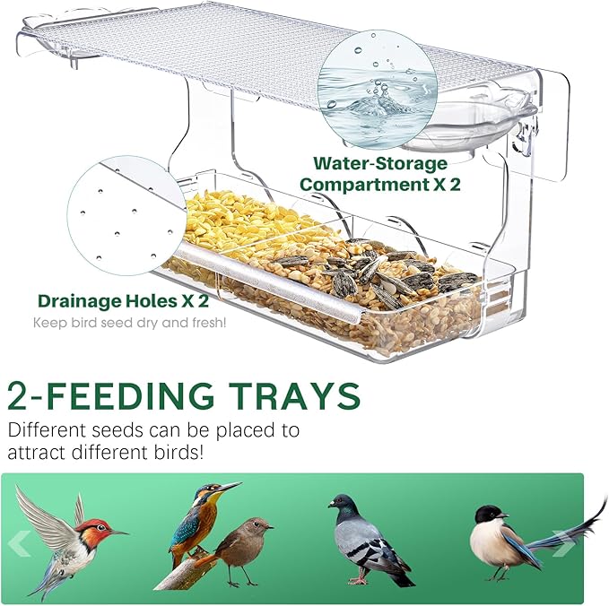 SUNALLY Window Bird Feeder for Outdoors, Clear Wild Bird Feeders Window Mounted with Self-Adhesive Hooks, Outside Hummingbird, burd, Oriole, Finch Bird Watching for Garden, Yard, Elderly Kids Viewing