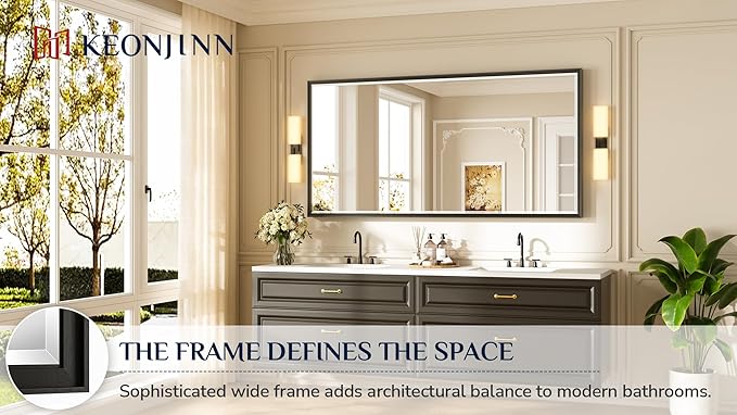 Keonjinn 72" x 36" Large Black Bathroom Vanity Mirror, Brushed Black Framed