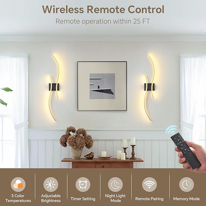 Battery Operated Wall Sconce Set of 2, Dimmable Modern LED Rechargeable Wall