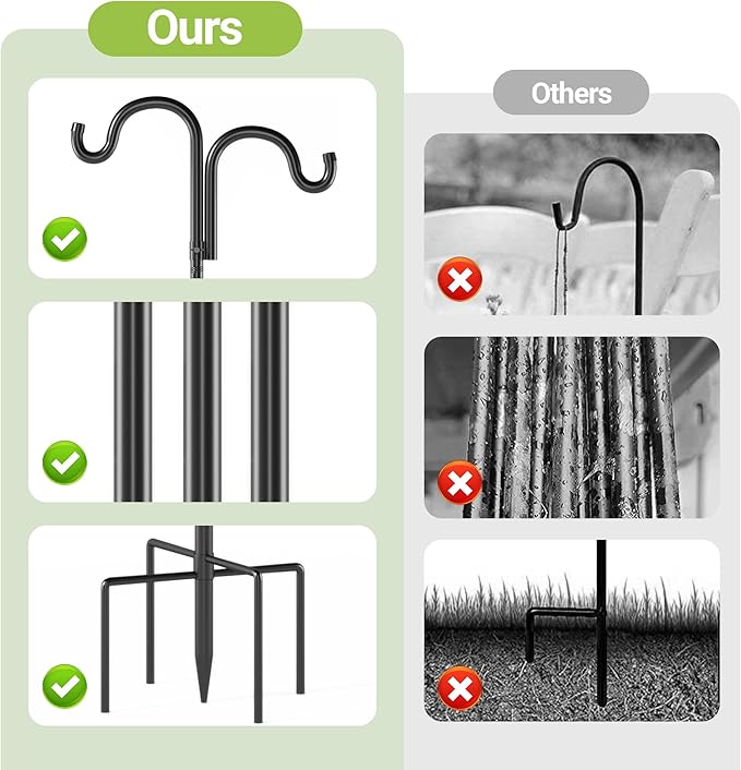Double Shepherds Hooks for Outdoor, 108" Heavy Duty Bird Feeder Pole with 5 Prong Base, Adjustable Shepherds Hook for Bird feeders Outside, Garden, Weddings, Hanging Plants, 2 Pack, Black