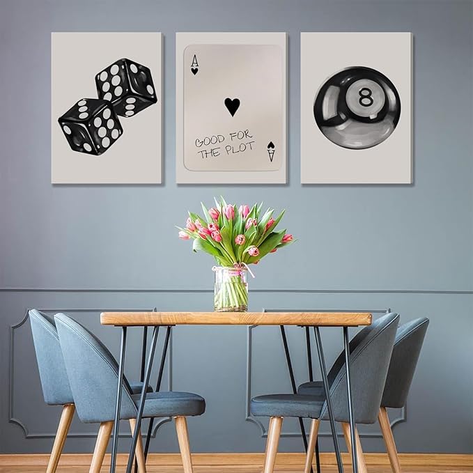 BOKPEN 3Pcs Black and White Poker Dice Canvas Wall Art Funky Retro Y2K Trendy