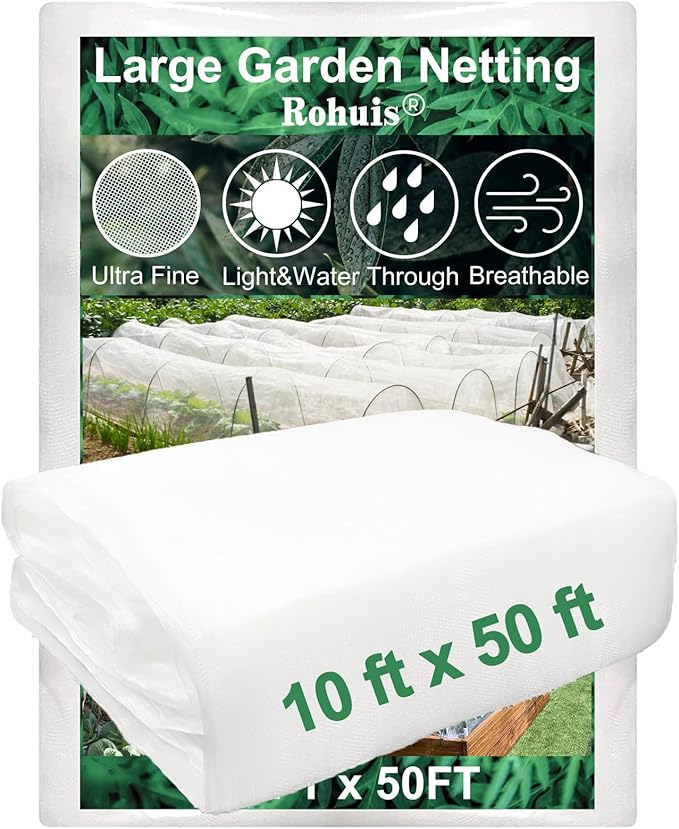 Rohuis Garden Netting Pest Barrier, 10 ft x 50 ft Ultra Fine Mesh Mosquito Cicada Bird Bug Net for Raised Garden Bed Greenhouse, Plant Row Cover for Protect Vegetables Fruits Flowers Trees from Insect