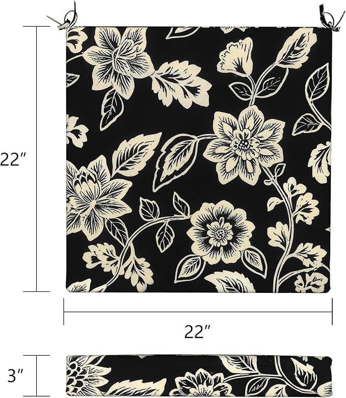 LVTXIII Outdoor Seat Cushions Seasonal Replacement Chair Cushions, Patio Chair Pads with Ties for Dining Chairs and Garden Furniture, Square Back, 22"x22"x3", 2 Pack, Elegant Vines Black
