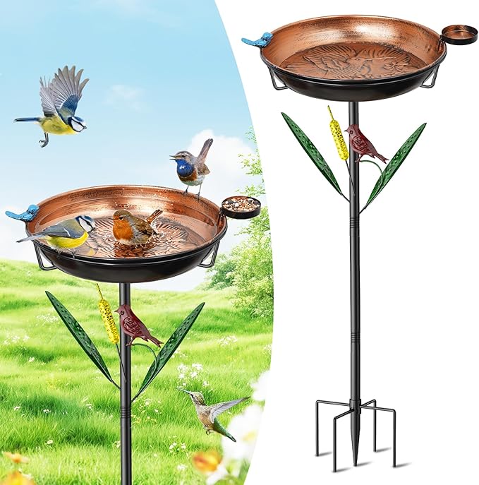 2-in-1 Bird Baths for Outside, 11.8" W Metal Bird Feeder Water Bowl with 5 Prongs Base, 33.5" Vintage Freestanding Garden Birdbaths for Outdoors Patio Yard Lawn Art Decor