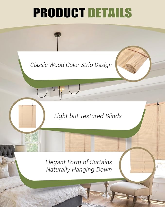 FoundGo Retro Bamboo Blinds 35" W x 72" H Bamboo Roman Shades Light Filtering