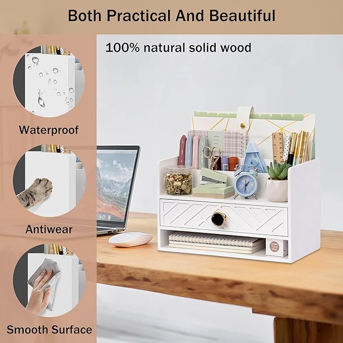 dreampossible white Wood Desk Organizer and Accessories with Drawer, Bill Mail Organizer and File Mail Holder for Office Supplies, Desk Accessories & Workspace Organizers for Desk Organization