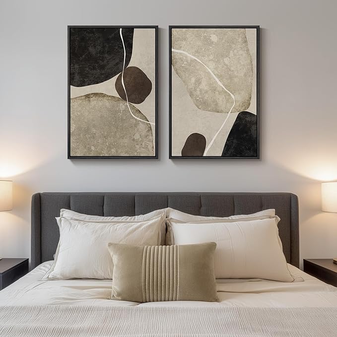 Framed Neutral Abstract Wall Art, 2 Piece Large Modern Black Beige Brown Canvas