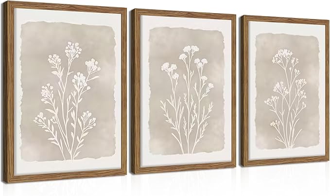 Framed Boho Botanical Flower Wall Art Set of 3, Vintage Minimalist Neutral