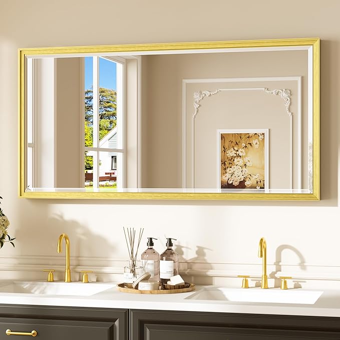 Keonjinn 48" x 24" Gold Bathroom Vanity Mirror, Brushed Gold Wall Mirrors Full