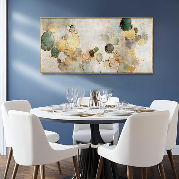 Gold Circle Modern Artwork Framed Abstract Wall Art Green Canvas Decor 24"x48"