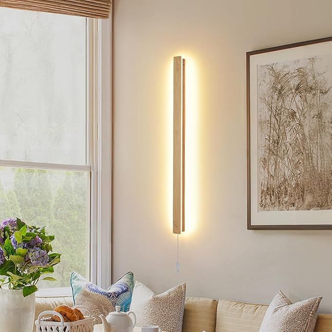 Modern Plug in Long Wall Sconce, 31.4 inch Faux Wood Texture Finish LED Wall