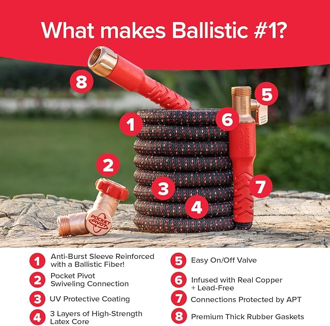 Pocket Hose Ballistic 25 FT Expandable Garden Hose w/Pocket Pivot Swivel Connector, Anti-Burst Sleeve Reinforced with Bulletproof Fiber, Lightweight, No-Kink, Compact, UV-Protected, AS SEEN ON TV