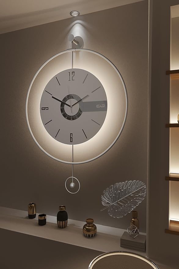 Large Luxury LED Backlit Wall Clock – Pendulum Roman Numeral Metal Ring