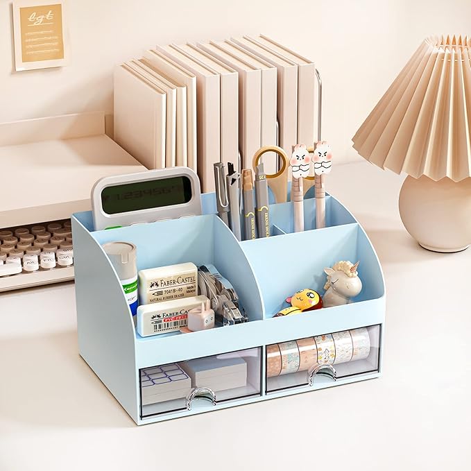 Desk Organizer with 6 Compartments and 2 Drawers, Plastic Makeup Organizer, Pen Holder for Desktop Storage, Desk Organization for School, Home, Office Supplies (Blue)