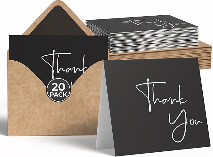VNS Creations 20 Pack Thank You Cards With Envelopes, Stickers, 4x6 Inch Blank Thank You Notes - Bulk Box Set Large Notes for Graduation, Wedding, Small Business, Baby & Bridal Shower - Black