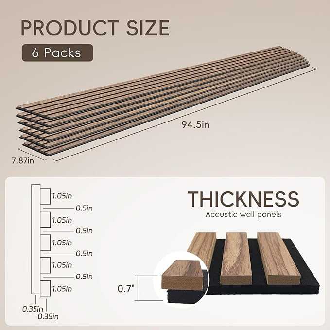 EVERECO 6 Pack Wood Panels for Wall 94.5" × 7.87" Acoustic Soundproof Wall Slat