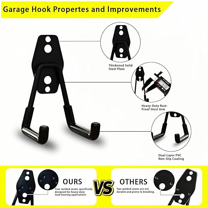 10 Pack Garage Hooks Heavy Duty with Anti-Slip Coating, Steel Utility Ladder Hooks for Hanging Garden Tools, Hoses, Ropes, Bikes and More (3in)