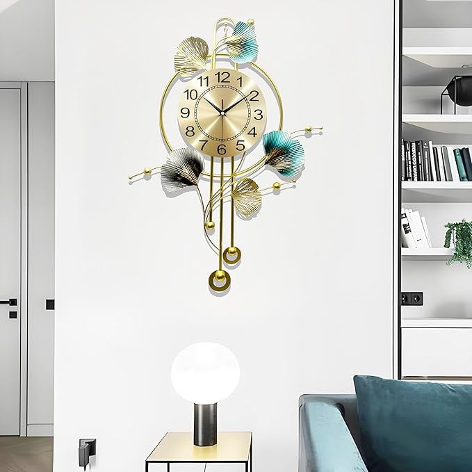 Wall Clocks for Living Room Decor, Unique 3D Metal Iron Ginkgo Leaf Wall Art