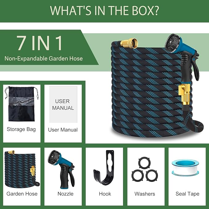 Garden Hose Non-Expandable 100 ft, Lightweight Flexible Water Hose with 10 Function Spray Nozzle, Outdoor Leak Proof, Kink-Free, Portable Hose for Yard, Lawn, Camper, High-Density Fabric, Black Blue