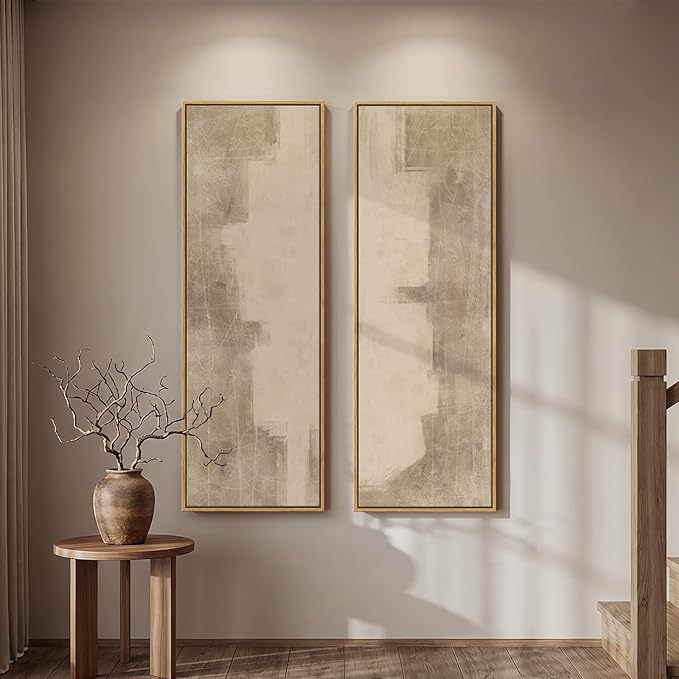 Long Narrow Framed Neutral Abstract Vertical Wall Art Set of 2, Oversized