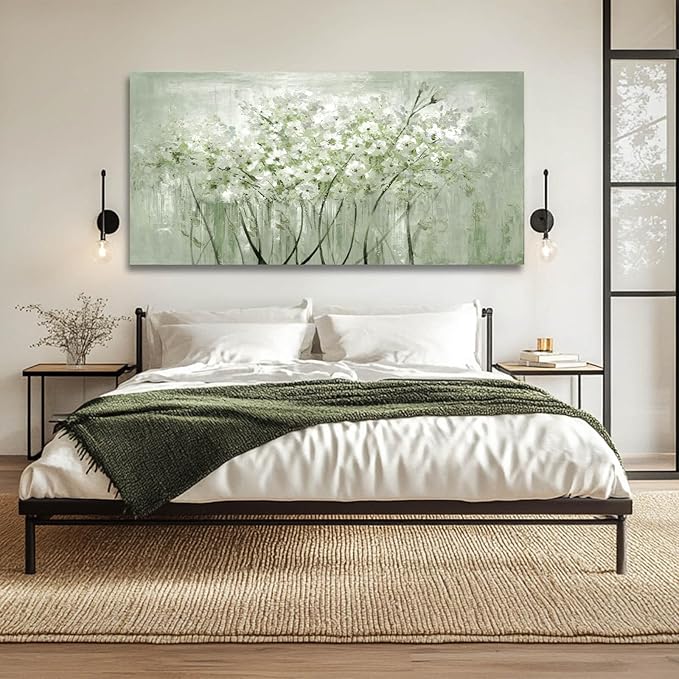 MLART99 Green and White Wall Art Home Decor Wildflower Wall Decorations Canvas