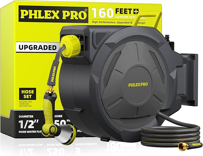 Retractable Garden Hose Reel 160Ft Extra Long, PHLEX PRO Heavy Duty Automatic Water Hose Reel Wall Mounted with 10 Pattern Nozzle, Any Length Lock, Slow Return System, 180Â°Swivel Bracket