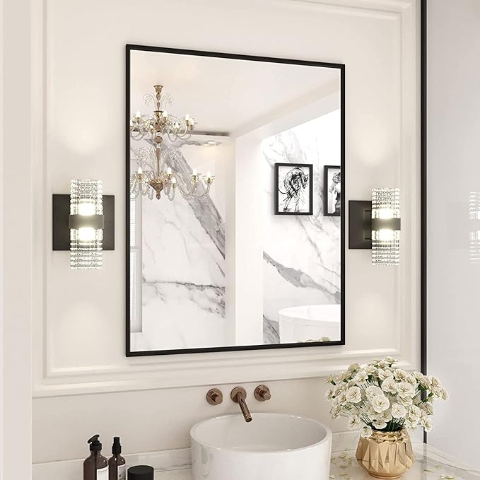LOAAO 28"X36" Black Rectangle Bathroom Mirror Wall, Matte Black Aluminum Alloy