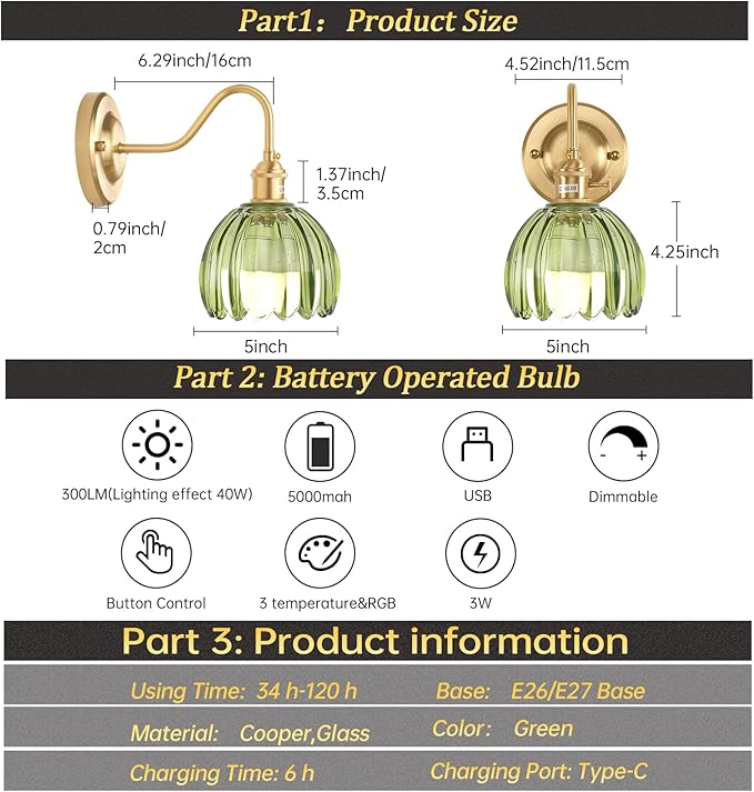 Shenmoyl Vintage Battery Operated Wall Sconce, 5000mAh Rechargeable Wall Light