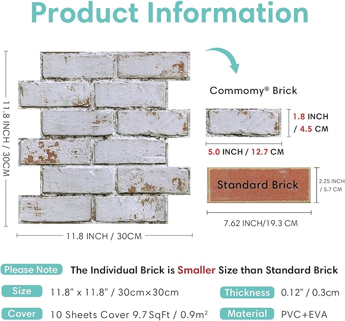Commomy 3D Peel and Stick Brick Tiles- 10 pcs 11.8" x 11.8" Small Size PVC