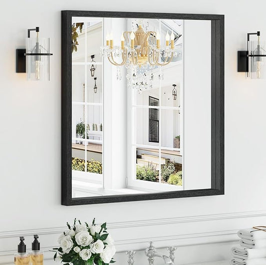 Syndra Square Black Wood Frame Bathroom Mirror, Waterproof Slim Deep Frame