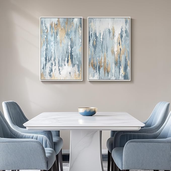 Large White Framed Blue and Gold Abstract Canvas Wall Art, 2 Piece Modern