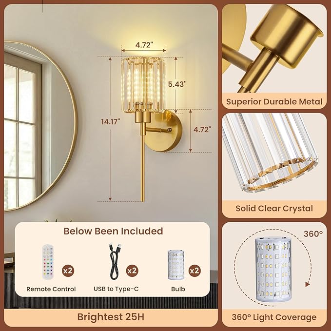 Crystal Battery Operated Wall Sconces, Brushed Gold Rechargeable Wireless Wall