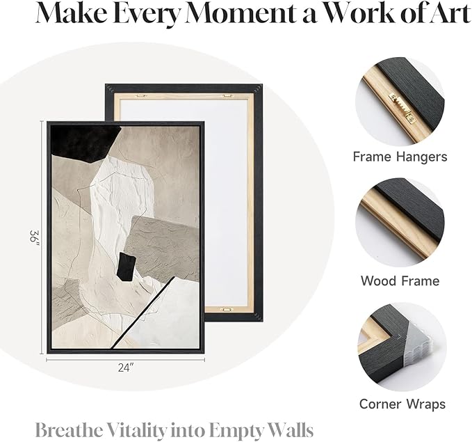 Framed Neutral Beige and Black Abstract Wall Art