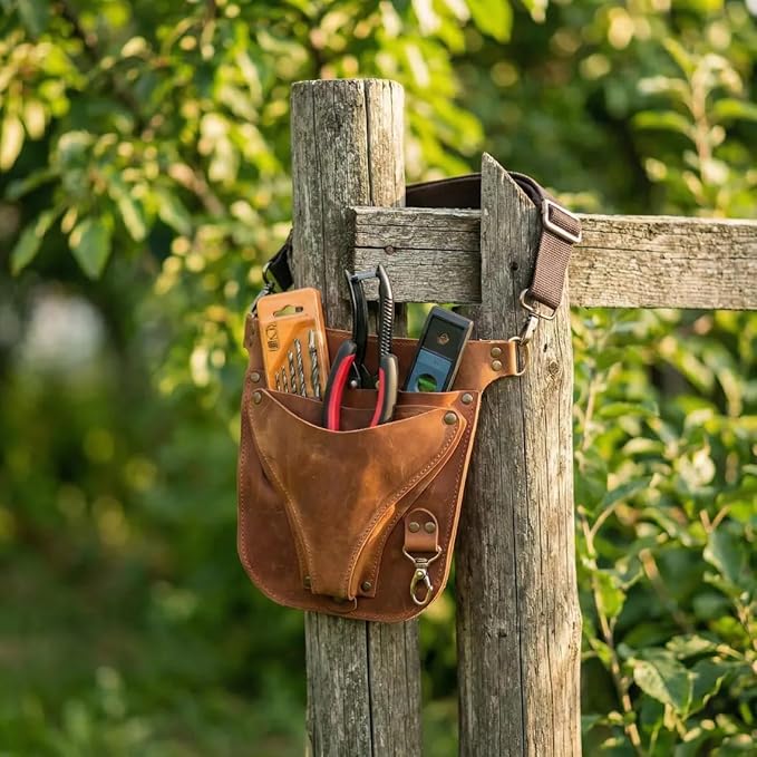 Leather Florist Tool Belt – Garden Tool Pouch with Adjustable Belt, Genuine Leather Gardening Waist Bag for Florists & Gardeners, Utility Floral Tool Holder, Warm Brown