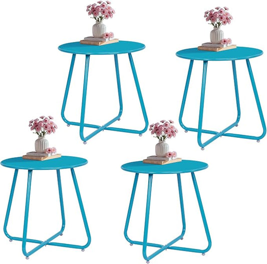 Patio Small Side Table Waterproof Round Metal Steel Weather Resistant Portable Outdoor and Indoor End Table for Garden Balcony Yard,Sky Blue(4 PCS)