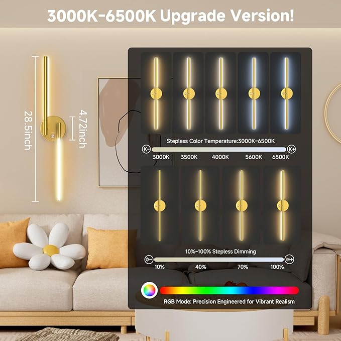 Battery Operated Wall Sconce of 2, 360°DIY Rotatable, Wireless Magnetic Wall