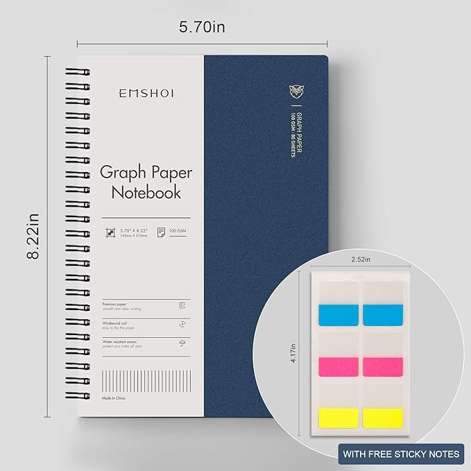 EMSHOI Graph Spiral Notebook 4 Pack, A5 Graph Paper Notebook/Journal, Waterproof PVC Cover, 100GSM Thick Paper, with Free Sticky Notes, 80 Sheets/160 Pages Per Book, 5.7" x 8.22", Coffee Blue