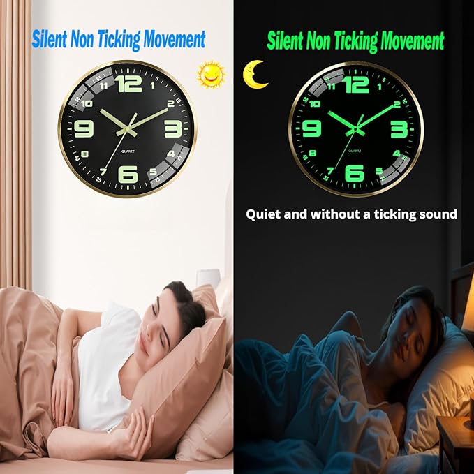 12-inch wall clock, powered by AA batteries, silent operation, large font