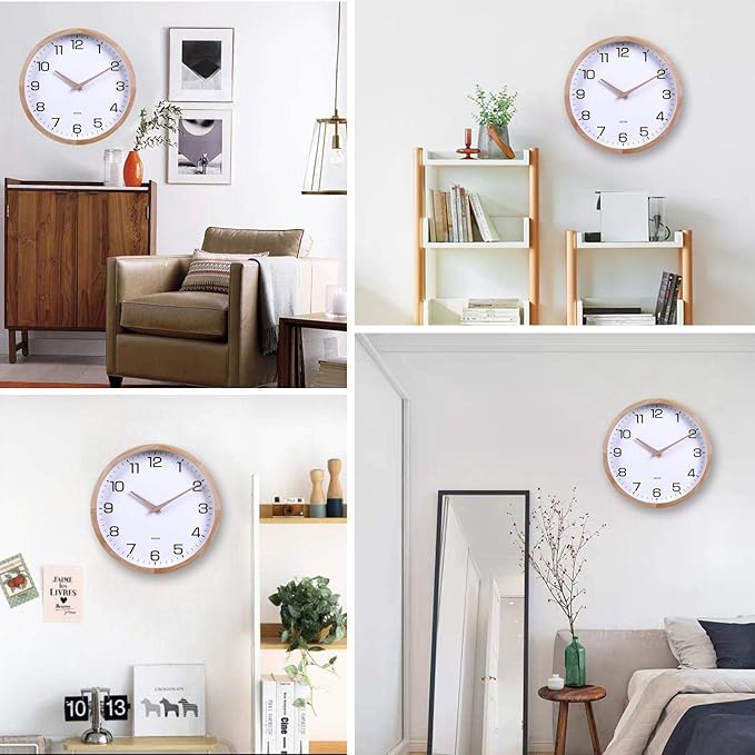 Kesin 12 Inches Wooden Round Silent Wall Clock White Wood Wall Clocks Analog